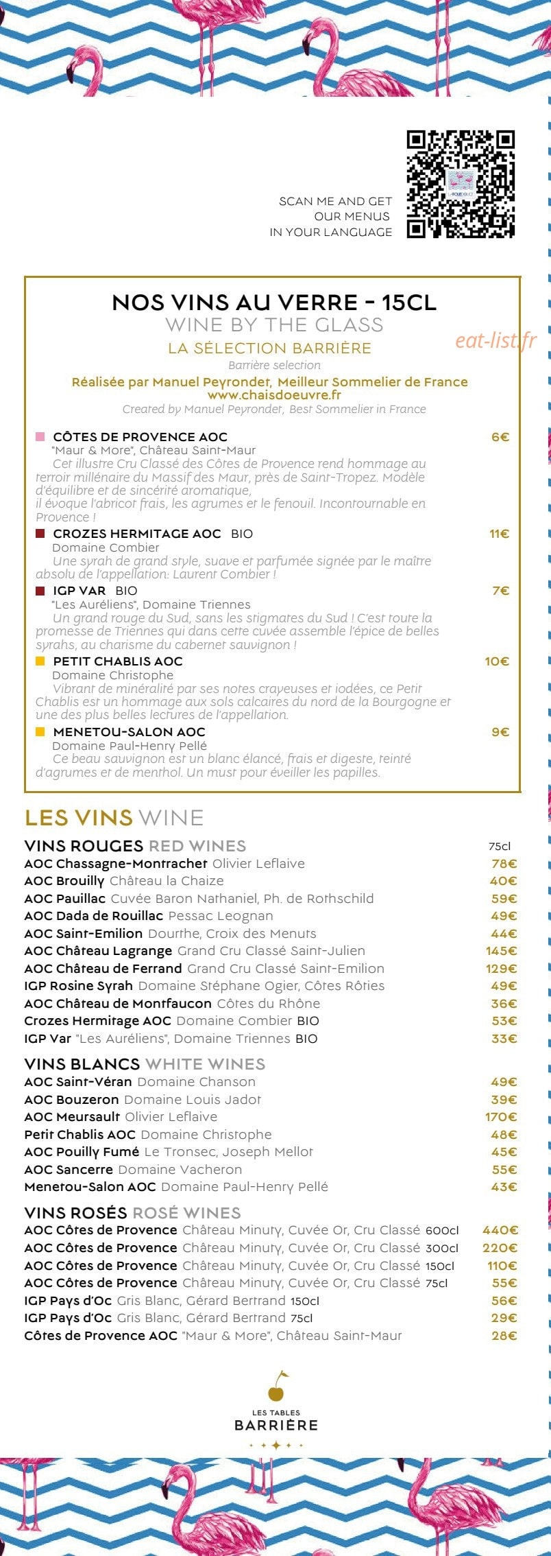 Carte et menu de La Folie Douce by Barrière à Deauville — Vins