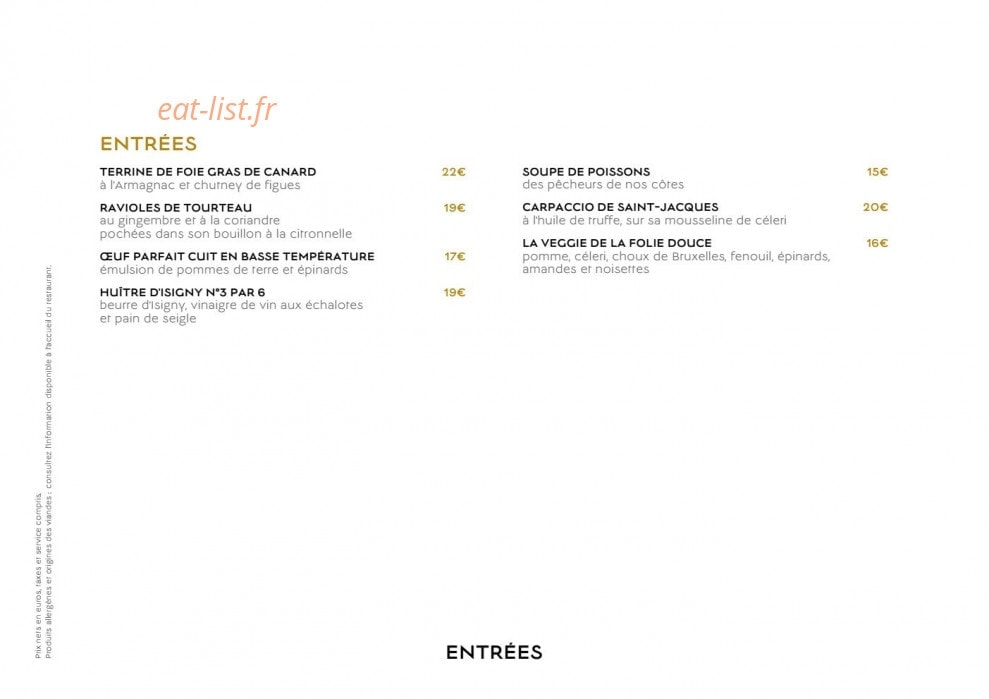Carte et menu de La Folie Douce by Barrière à Deauville — Entrées