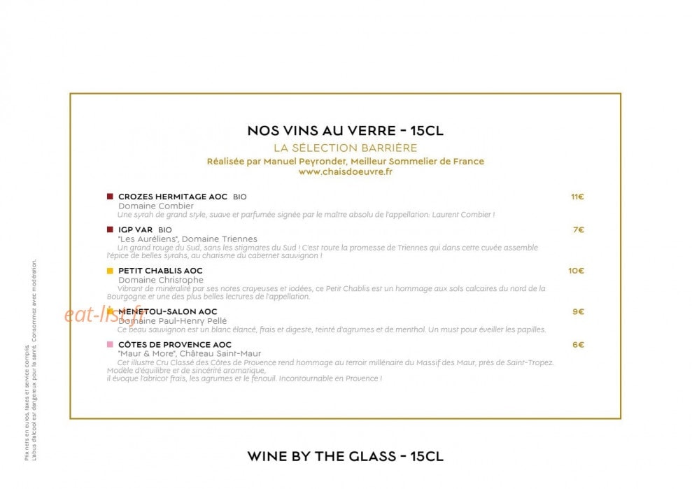 Carte et menu de La Folie Douce by Barrière à Deauville — Vins au verre