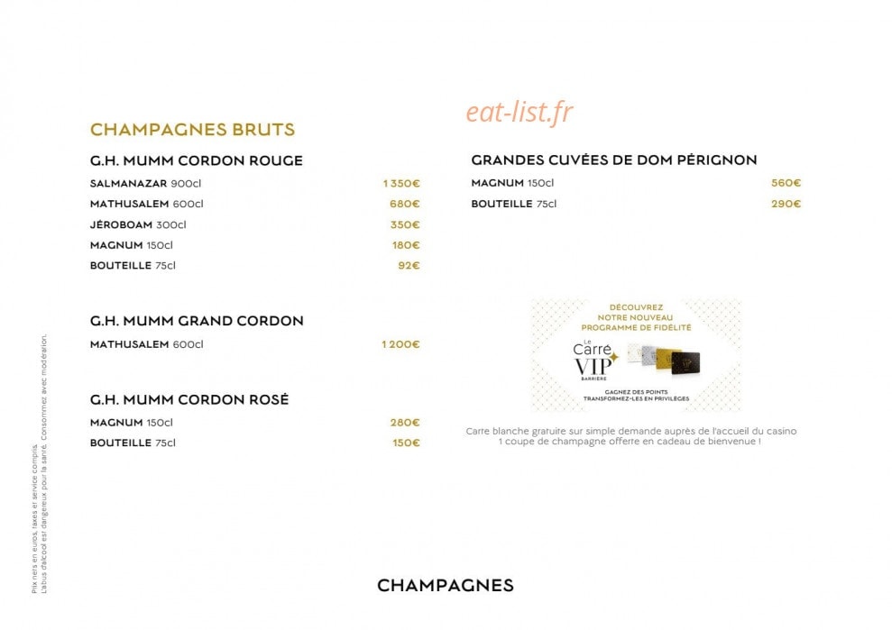 Carte et menu de La Folie Douce by Barrière à Deauville — Champagnes