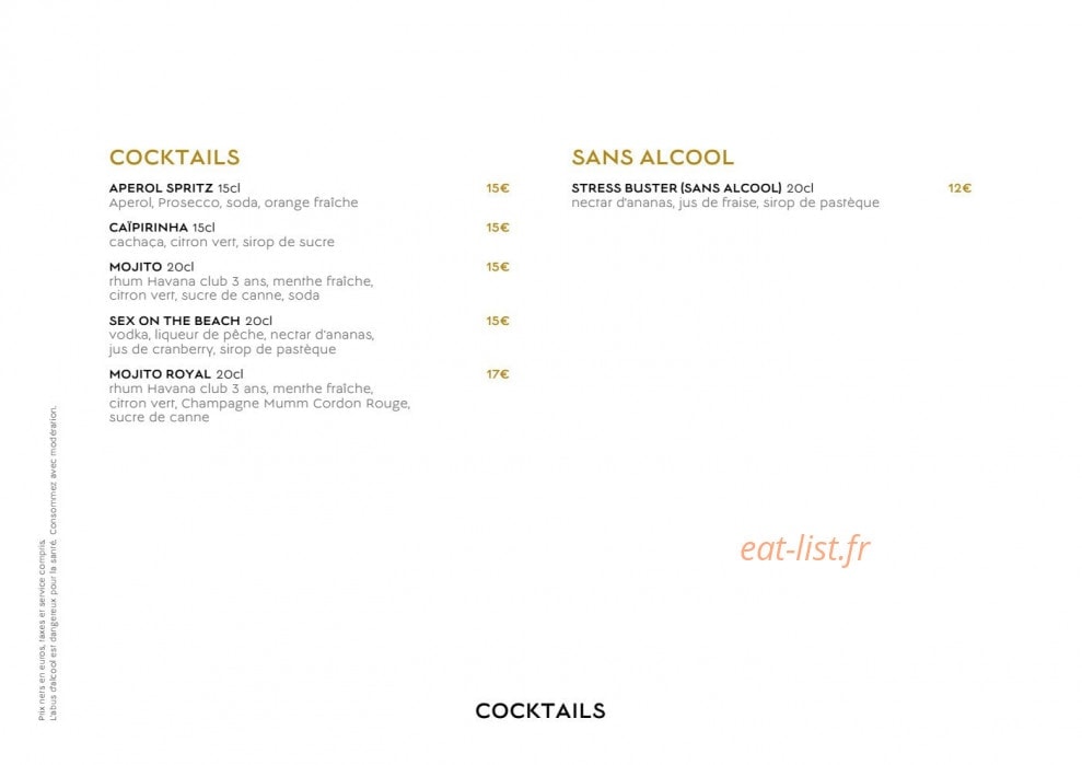 Carte et menu de La Folie Douce by Barrière à Deauville — Cocktails