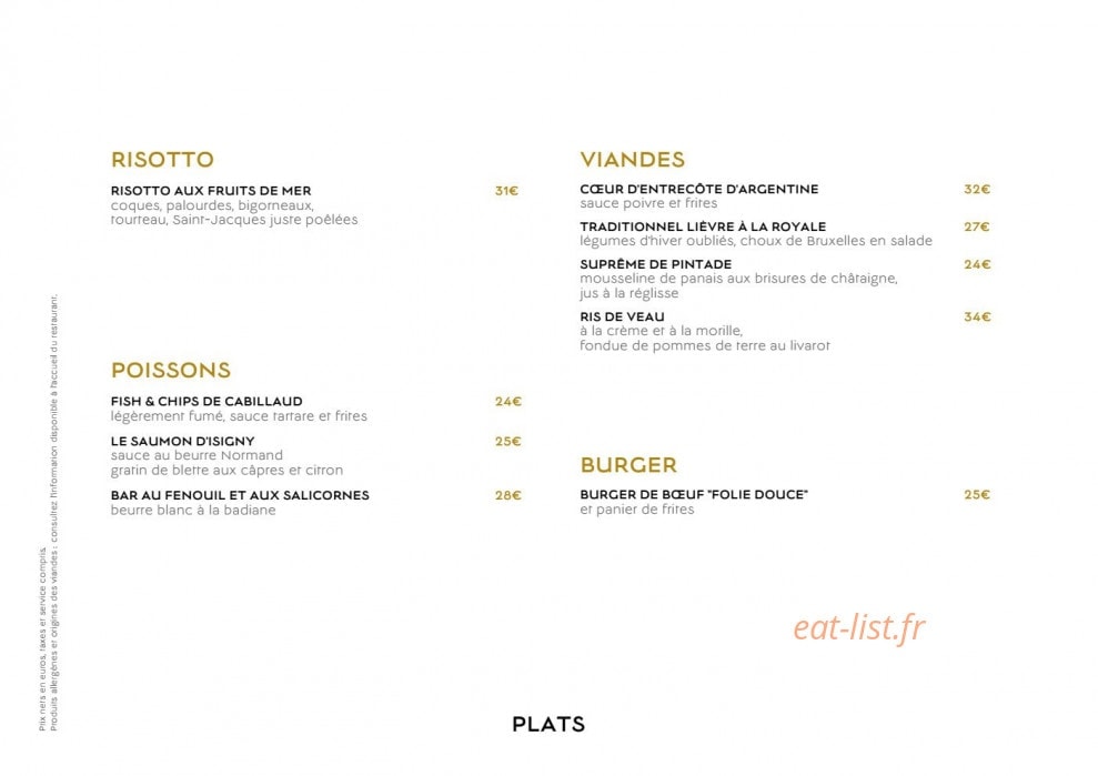 Carte et menu de La Folie Douce by Barrière à Deauville — Plats