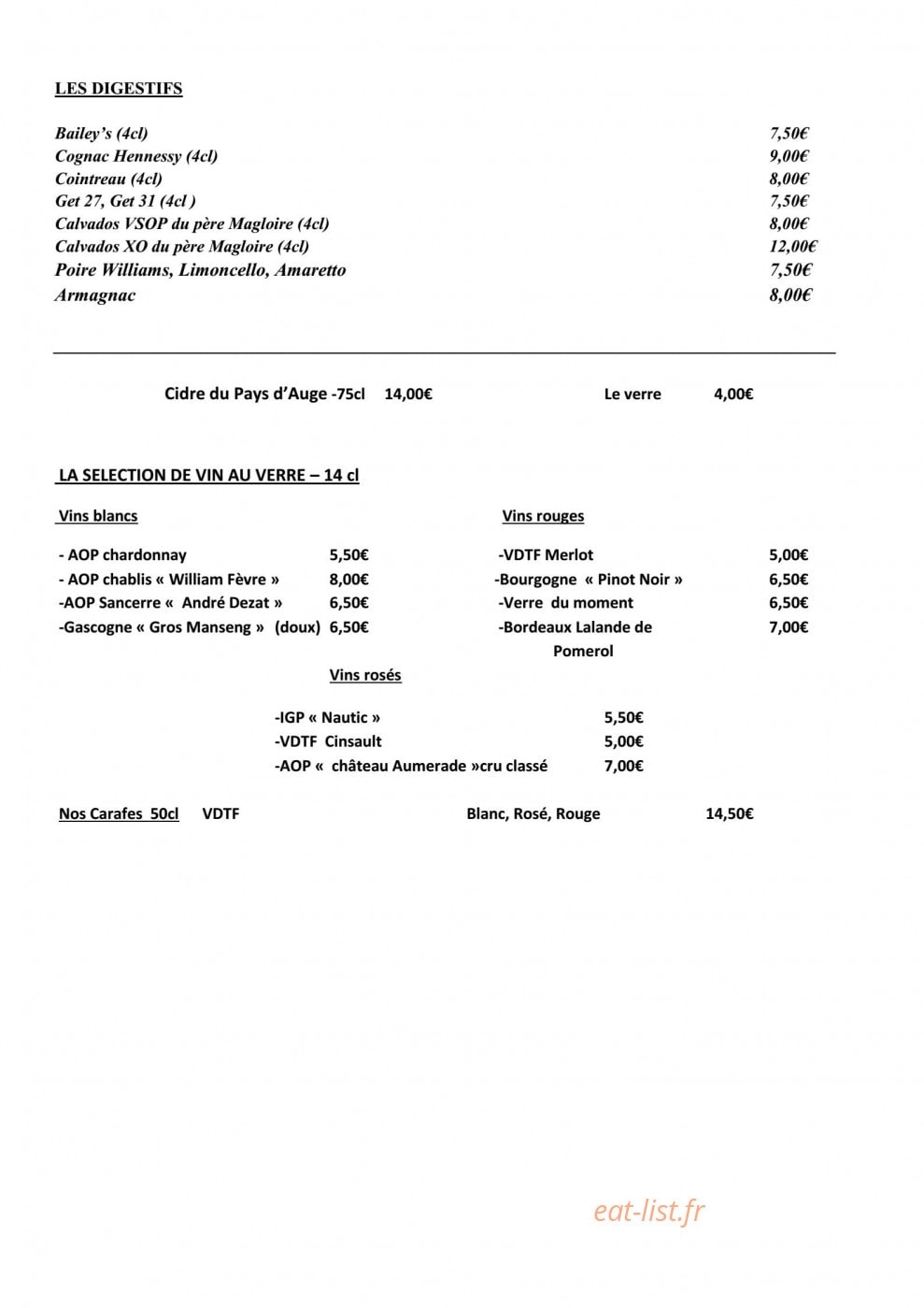 Carte et menu de La peniche à Deauville — Les digestifs et sélections de vin au verre