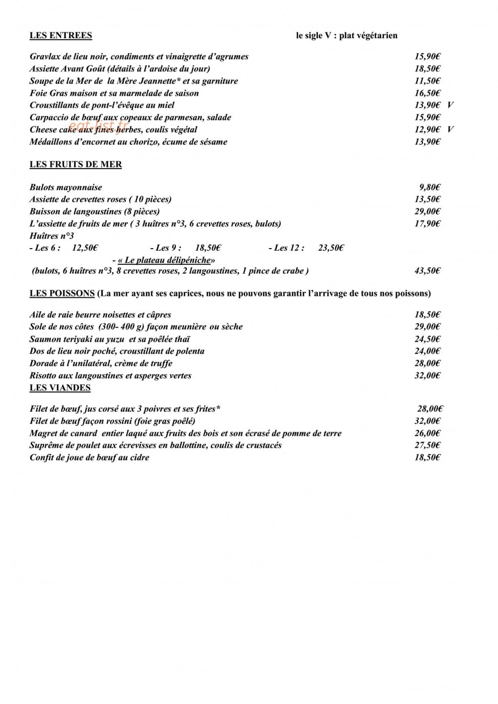 Carte et menu de La peniche à Deauville — Les entrées, fruits de mer, poissons,...
