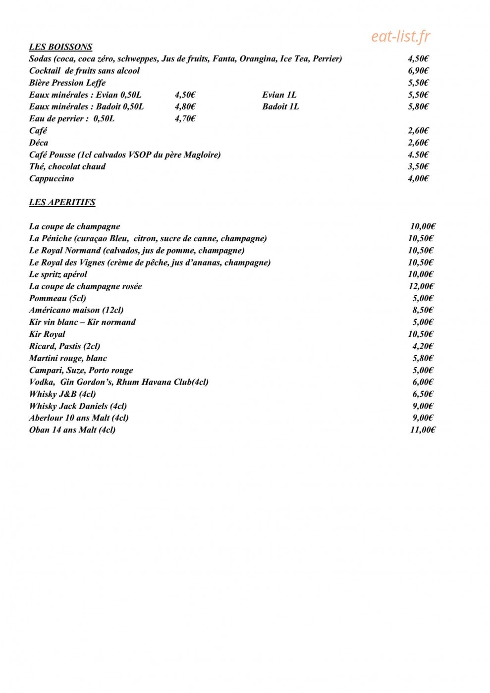 Carte et menu de La peniche à Deauville — Les boissons et apéritifs