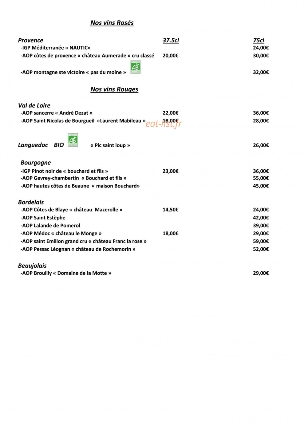 Carte et menu de La peniche à Deauville — Les vins rosés et blancs