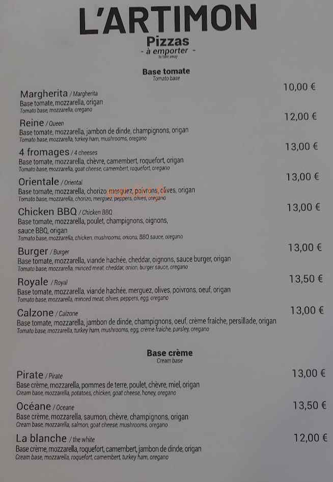 Carte et menu de L' Artimon à Merville Franceville Plag — Les pizzas