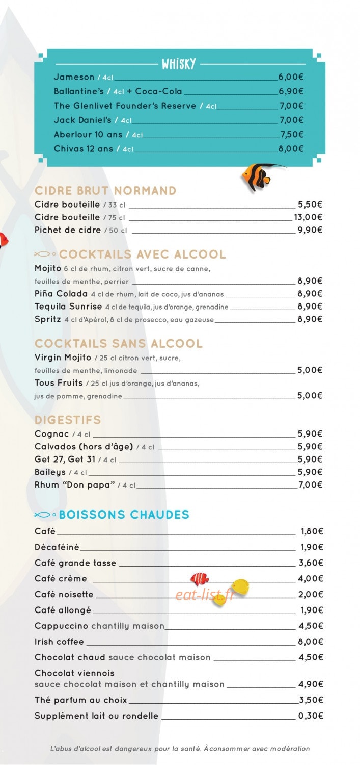 Carte et menu de L'Escapade à Merville Franceville Plag — Les boissons suite