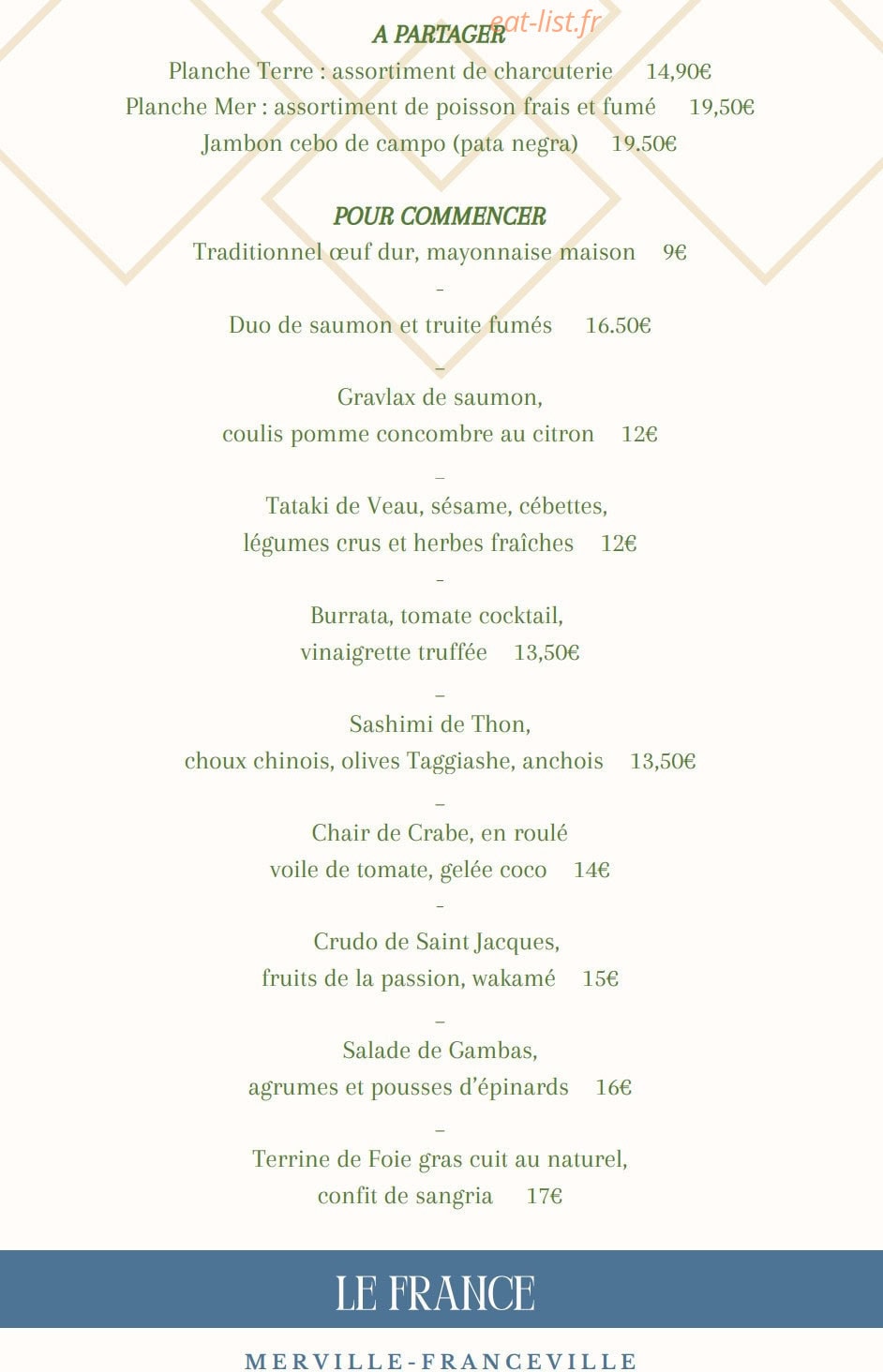 Carte et menu de Le France à Merville Franceville Plag — A partager et pour commencer