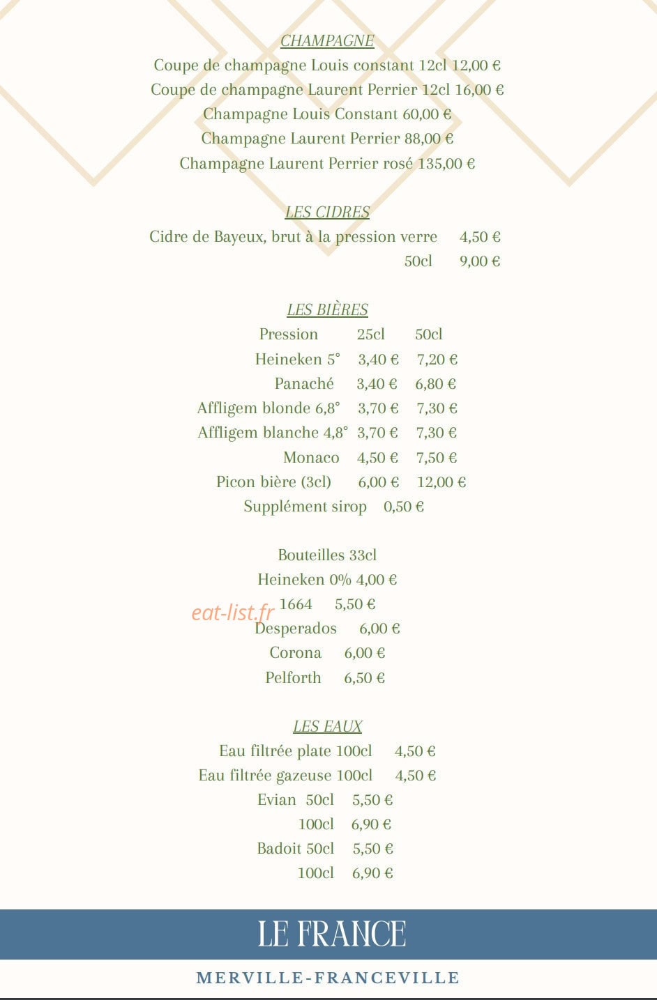 Carte et menu de Le France à Merville Franceville Plag — Les champagnes, cidres et bières,...