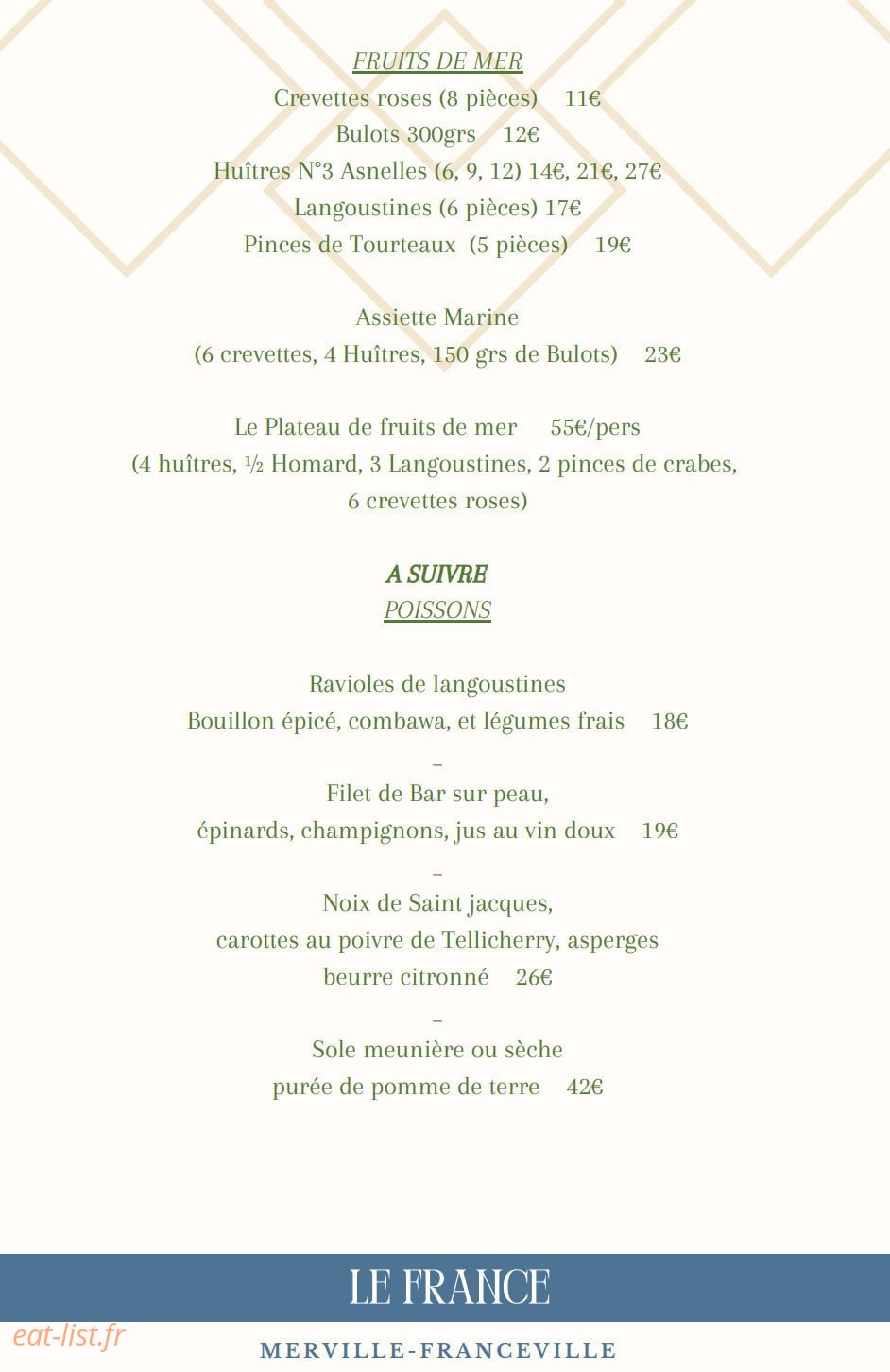 Carte et menu de Le France à Merville Franceville Plag — Les fruits de mer et poissons