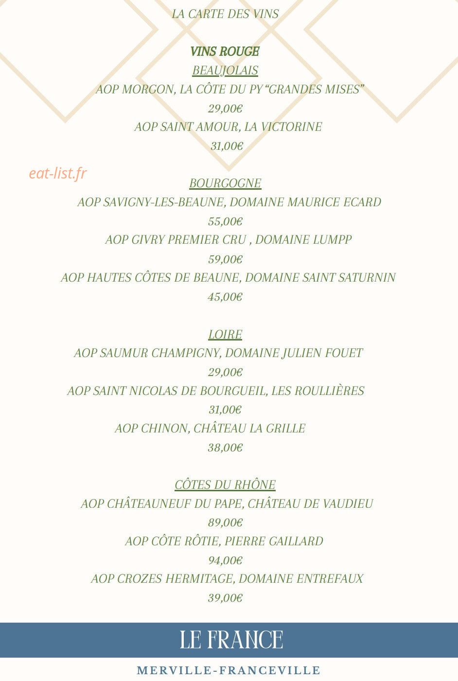 Carte et menu de Le France à Merville Franceville Plag — Les vins rouges