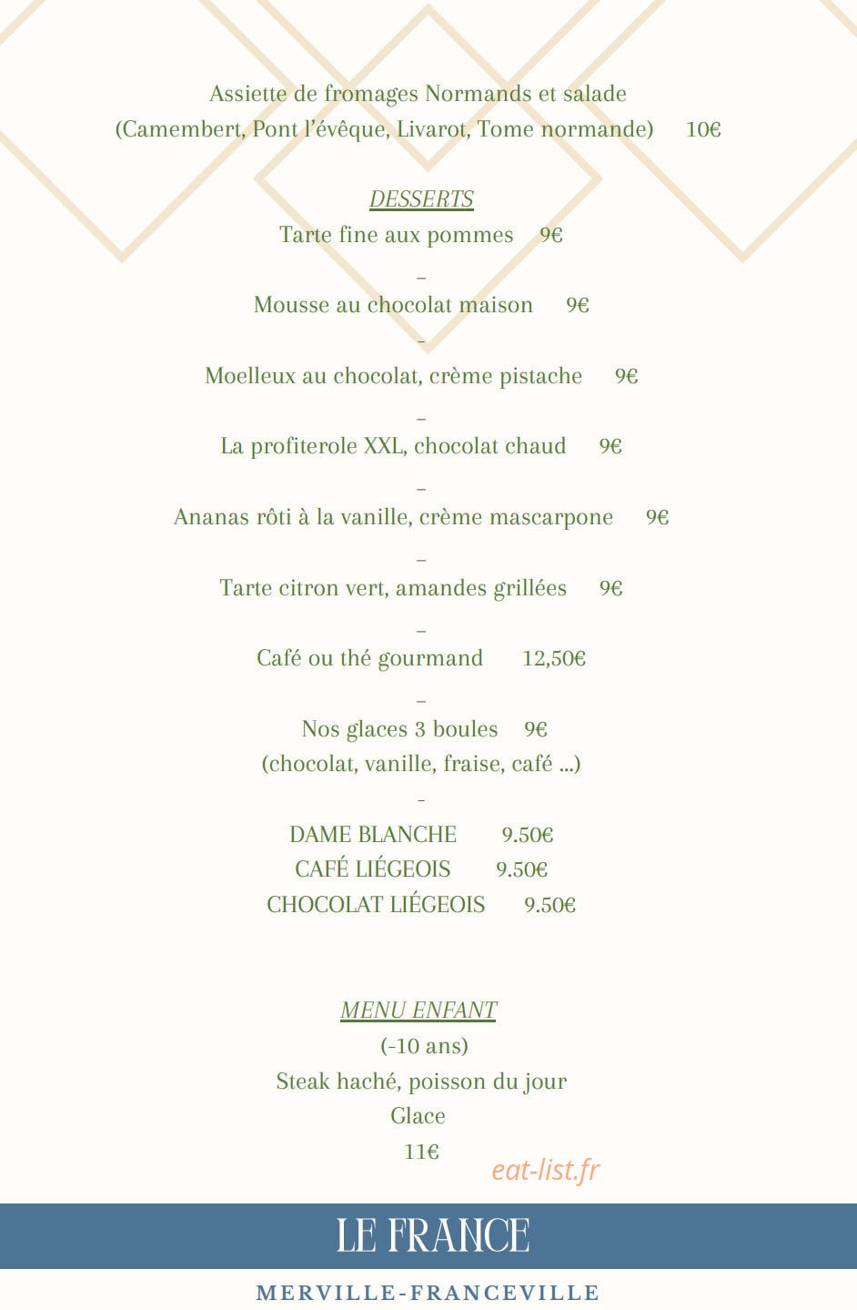 Carte et menu de Le France à Merville Franceville Plag — Les desserts et menu enfant