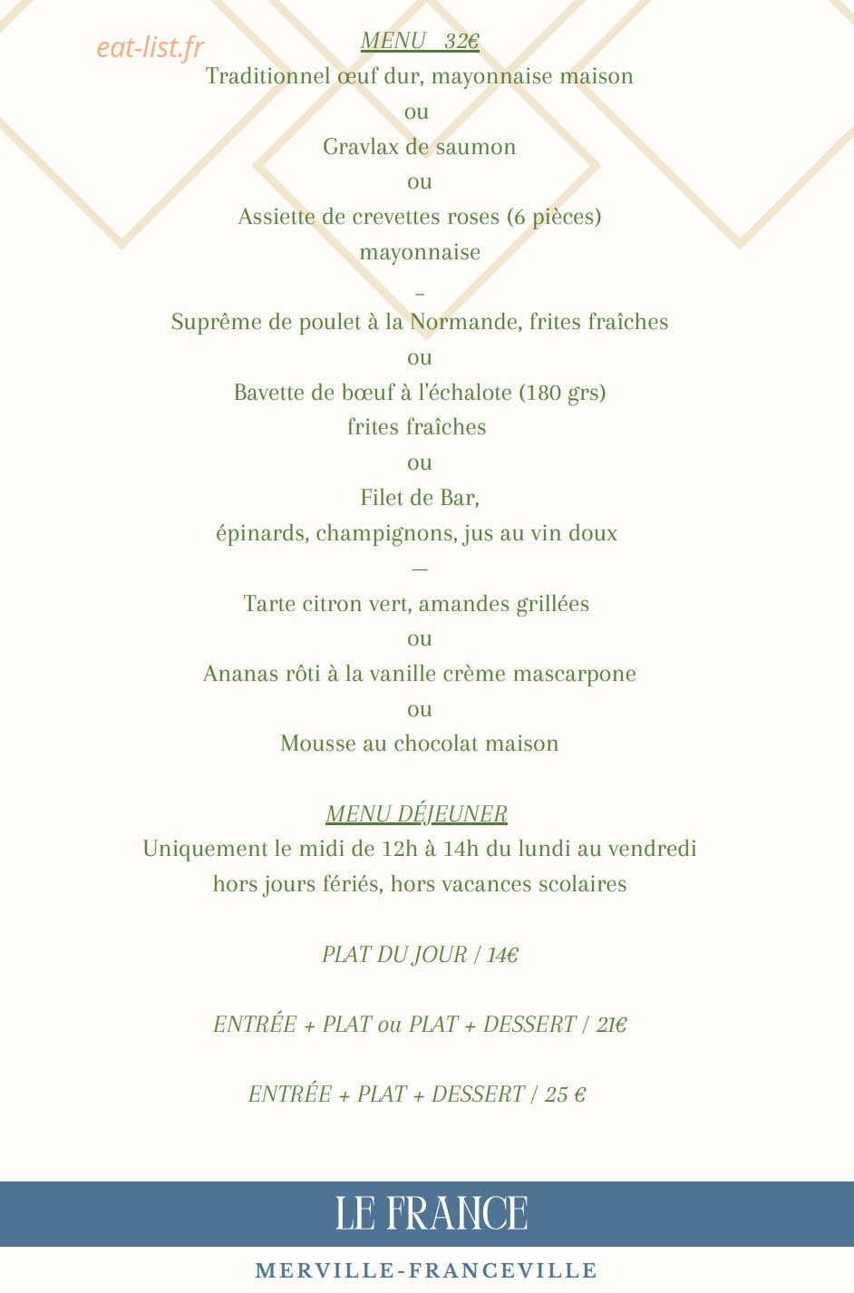 Carte et menu de Le France à Merville Franceville Plag — Menus 32e et menus déjeuners