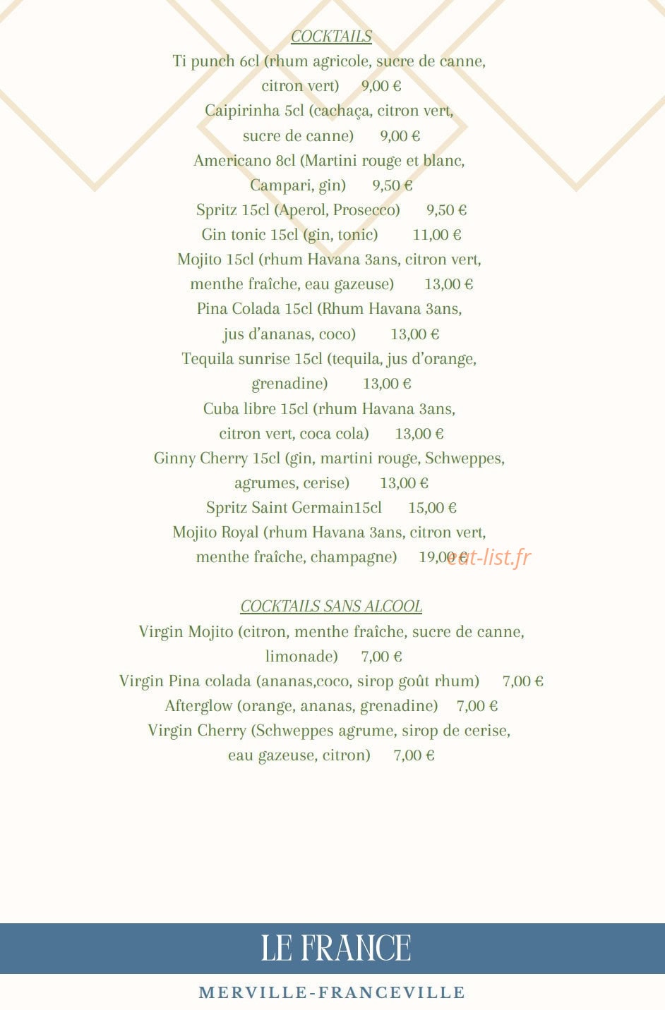 Carte et menu de Le France à Merville Franceville Plag — Les cocktails et cocktails sans alcools