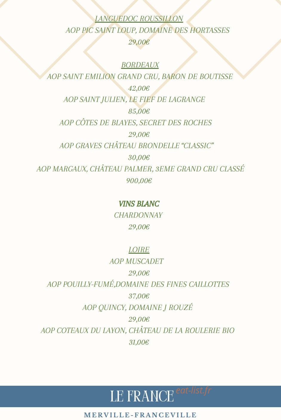 Carte et menu de Le France à Merville Franceville Plag — Les vins rouges suite et vins blancs