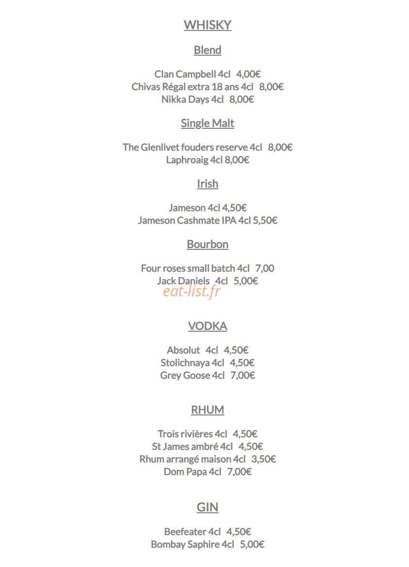 Carte et menu de Le lodge à Merville Franceville Plag — Whisky, vodka, rhum et gin