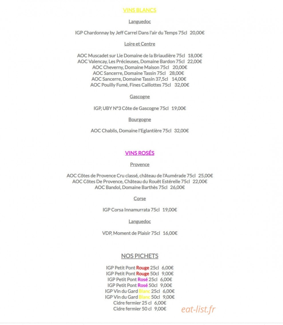 Carte et menu de Le lodge à Merville Franceville Plag — les vins blancs et rosés, pichets