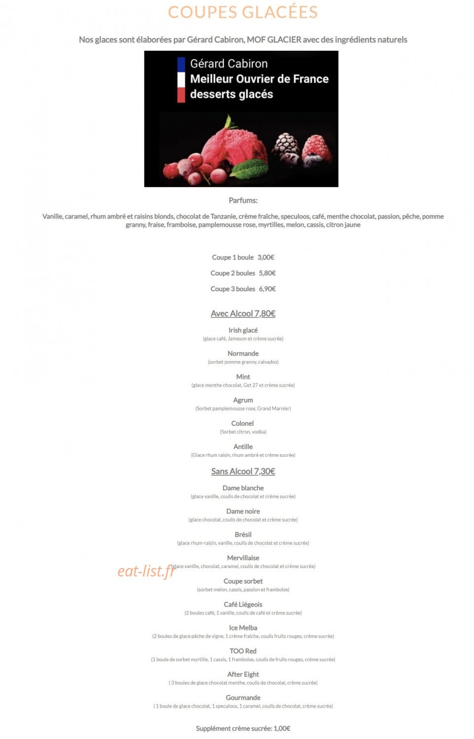Carte et menu de Le lodge à Merville Franceville Plag — les coupes glaces