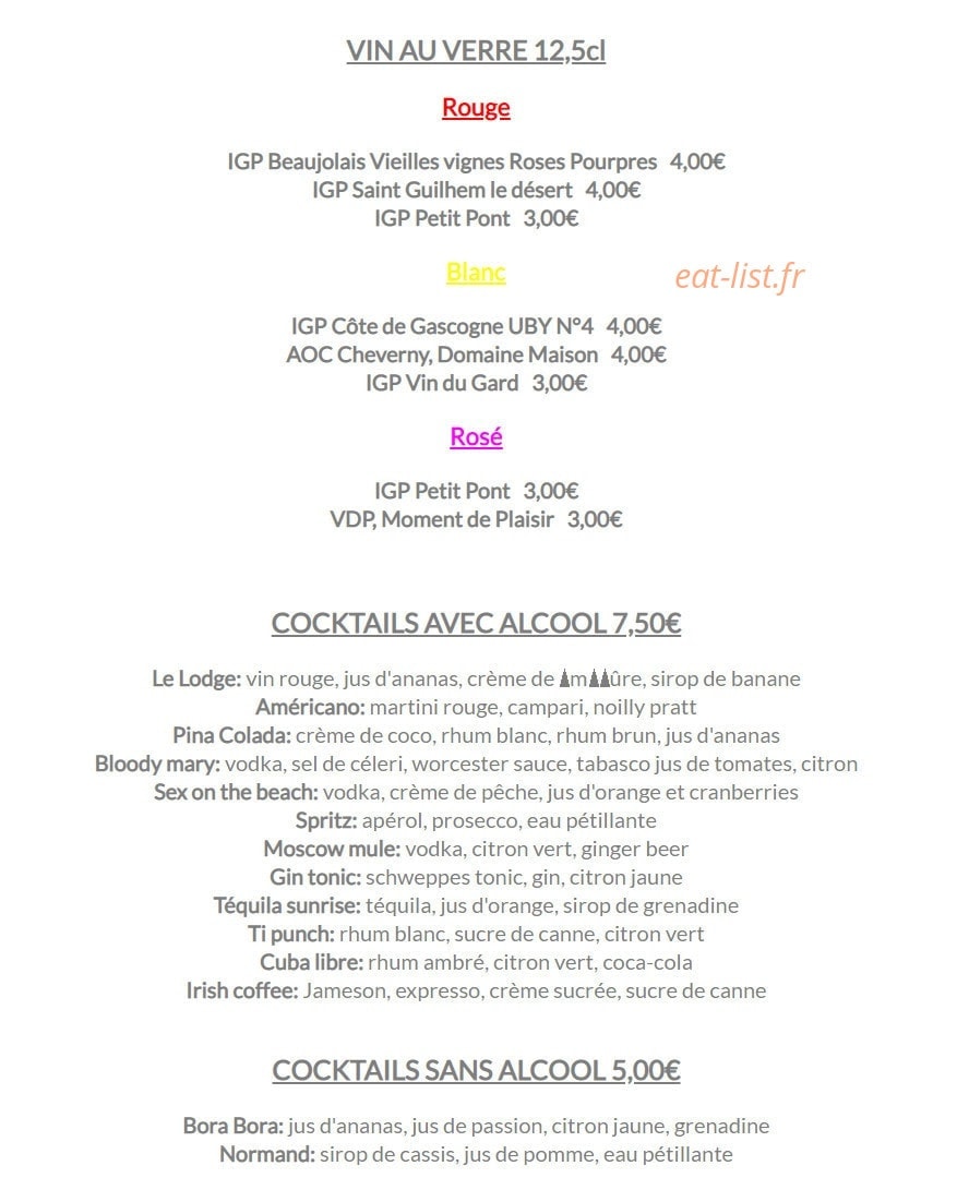 Carte et menu de Le lodge à Merville Franceville Plag — vins au verre et cocktails