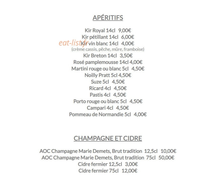 Carte et menu de Le lodge à Merville Franceville Plag — les apéritifs et champagnes