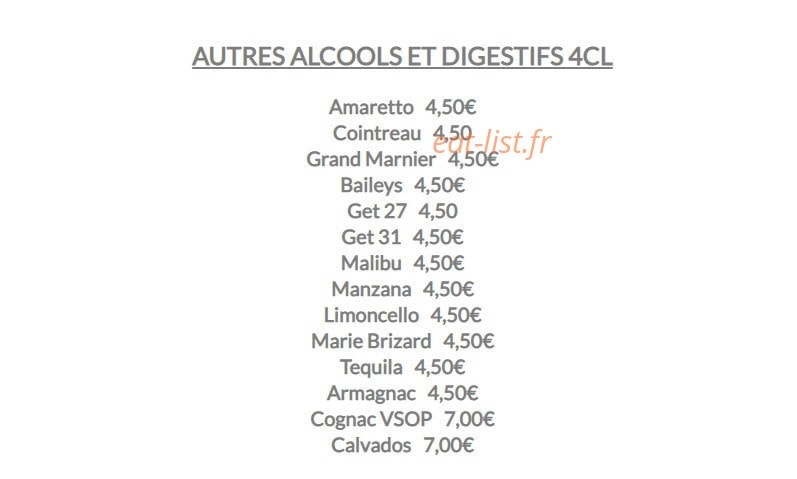 Carte et menu de Le lodge à Merville Franceville Plag — Alcools et digestifs