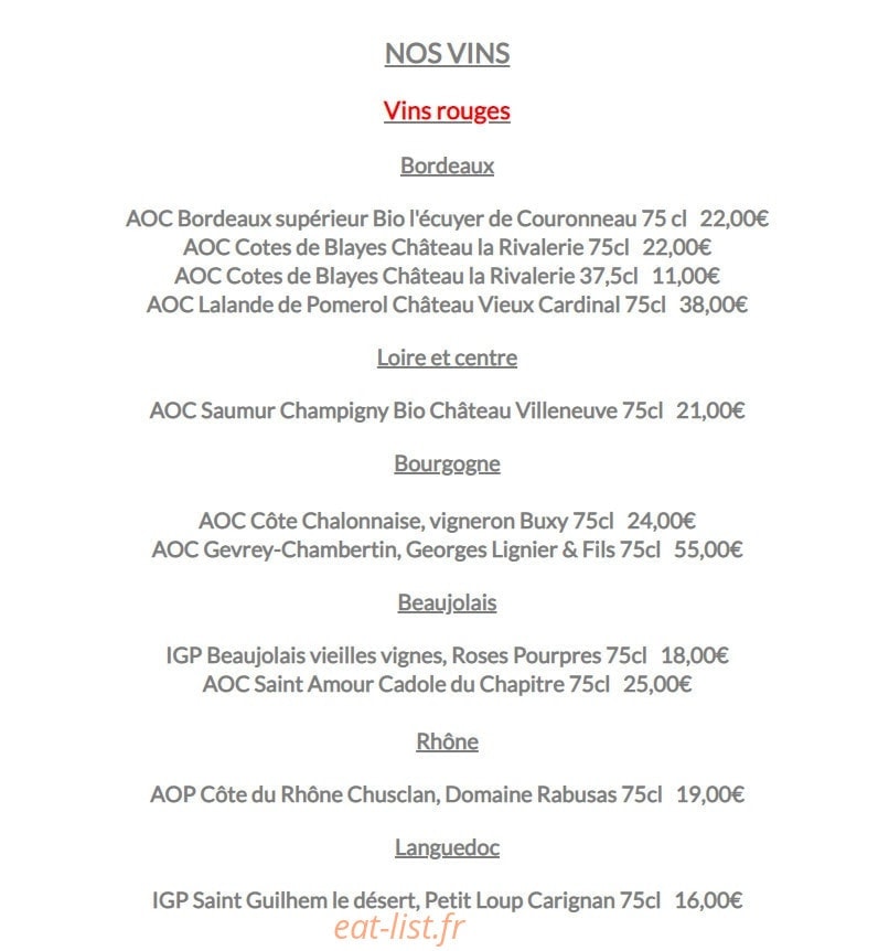 Carte et menu de Le lodge à Merville Franceville Plag — Les vins rouges
