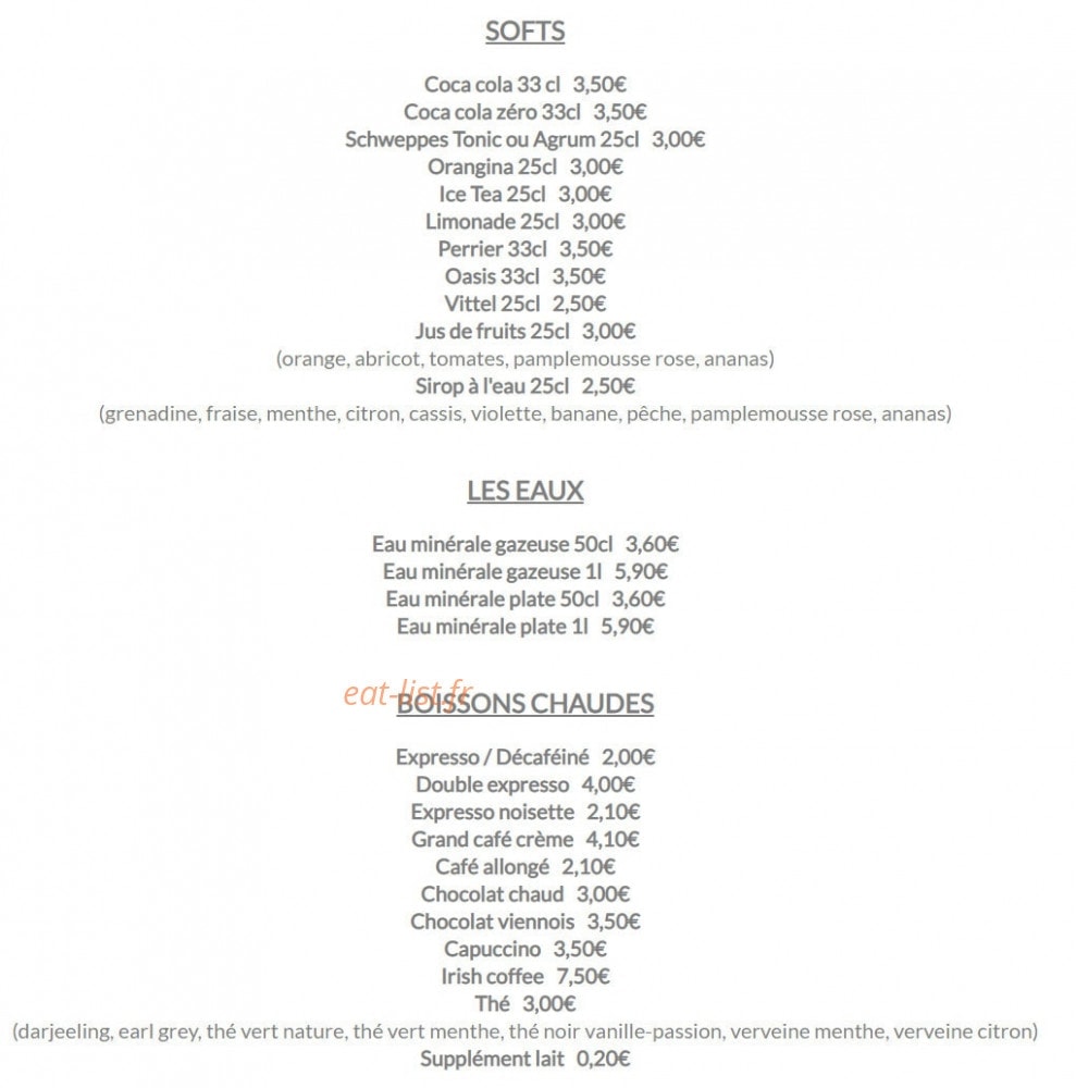 Carte et menu de Le lodge à Merville Franceville Plag — les softs, eaux et boissons chaudes
