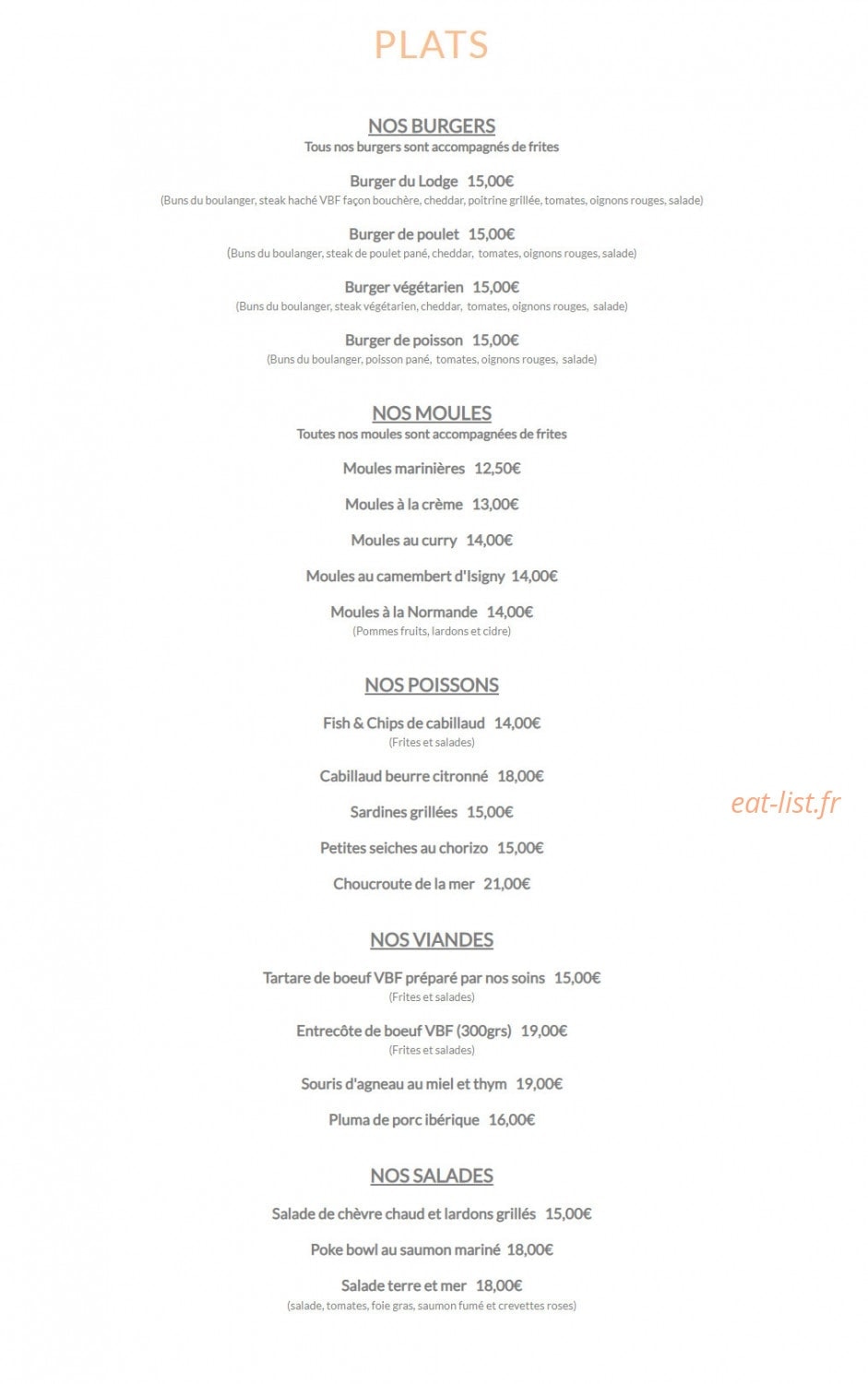 Carte et menu de Le lodge à Merville Franceville Plag — Les plats
