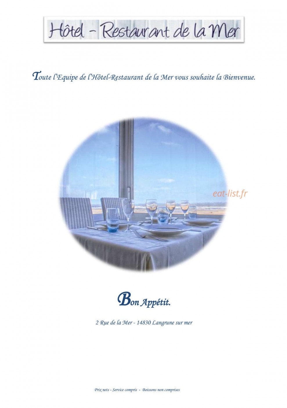 Restaurant de la Mer — carte page 1