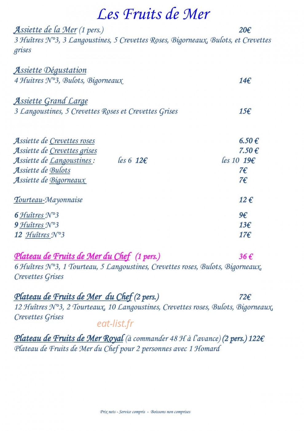 Restaurant de la Mer — carte page 4