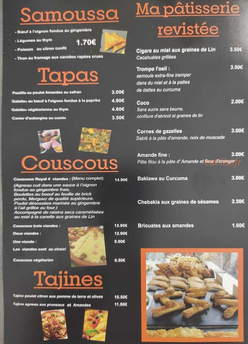 Carte et menu de Mima la Fassia à Hermanville sur Mer — Les tapas, samoussa et couscous, ...