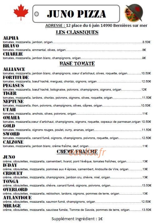 Juno Pizza — carte page 1