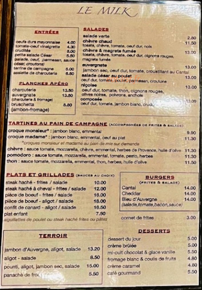 Milk Bar — carte page 1