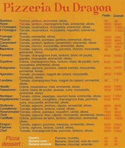 Pizzeria du Dragon — carte page 2