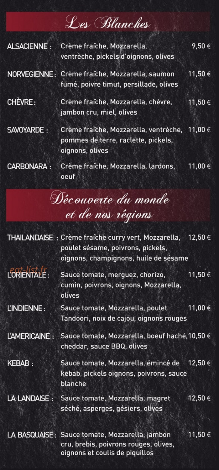 L’adagio Pizzas — carte page 1