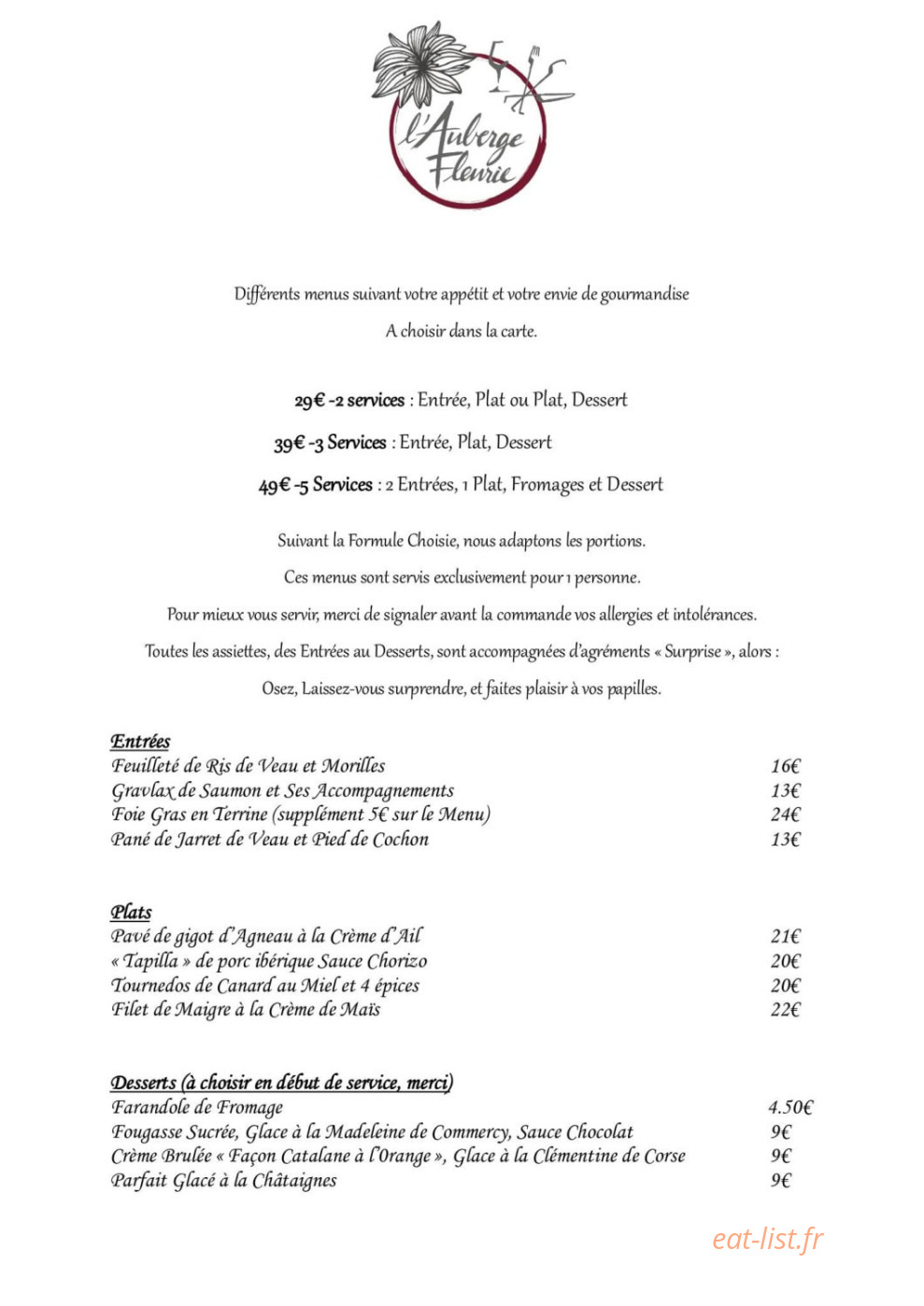 L'Auberge Fleurie — carte page 1