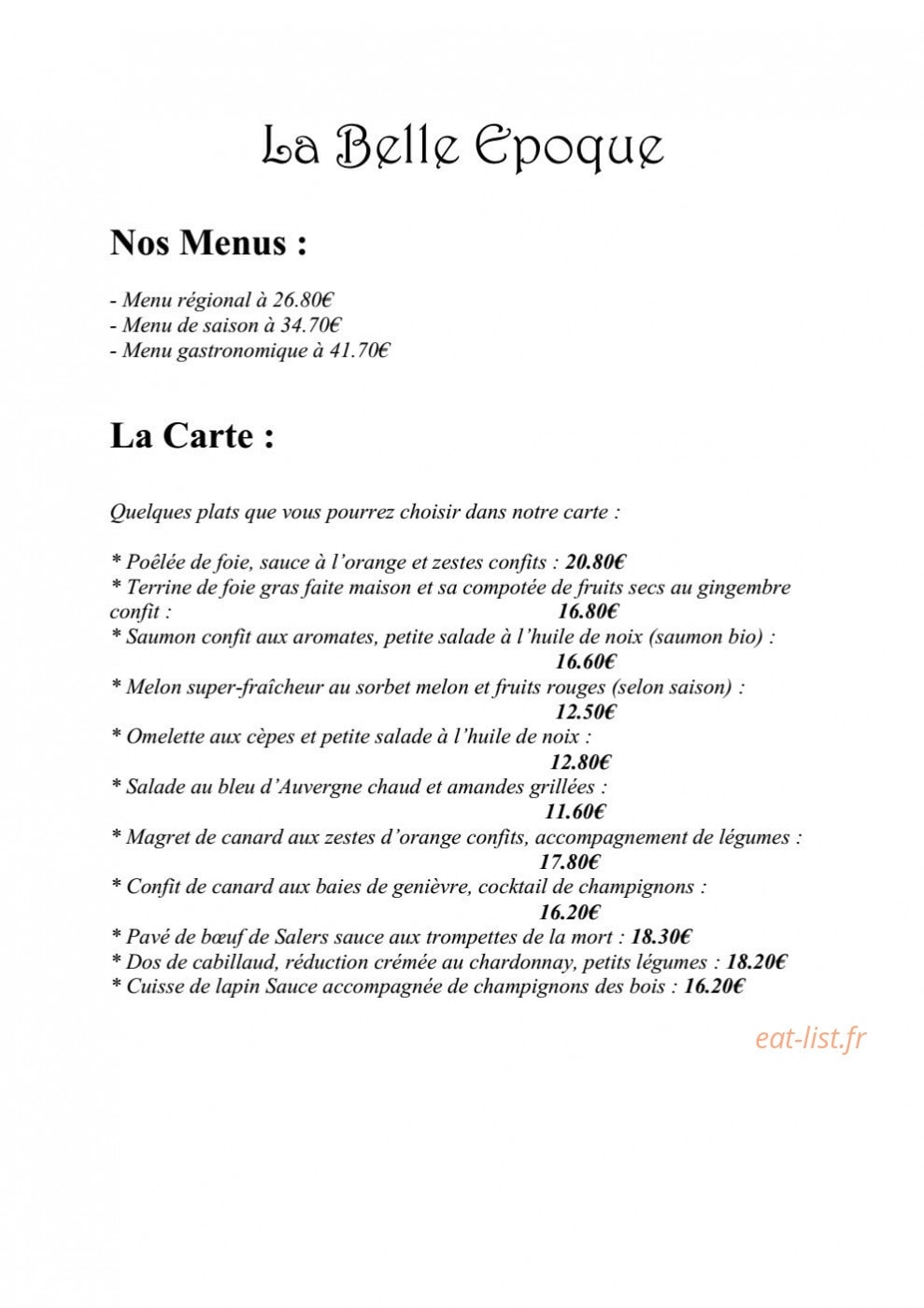 La Belle Epoque — carte page 1