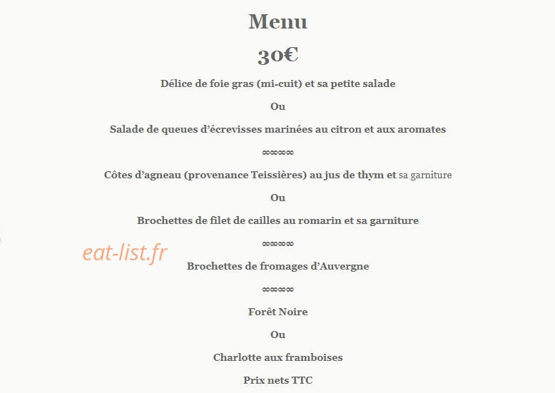 Carte et menu de Auberge de Teissieres à Teissiere les Boulies — menu soire