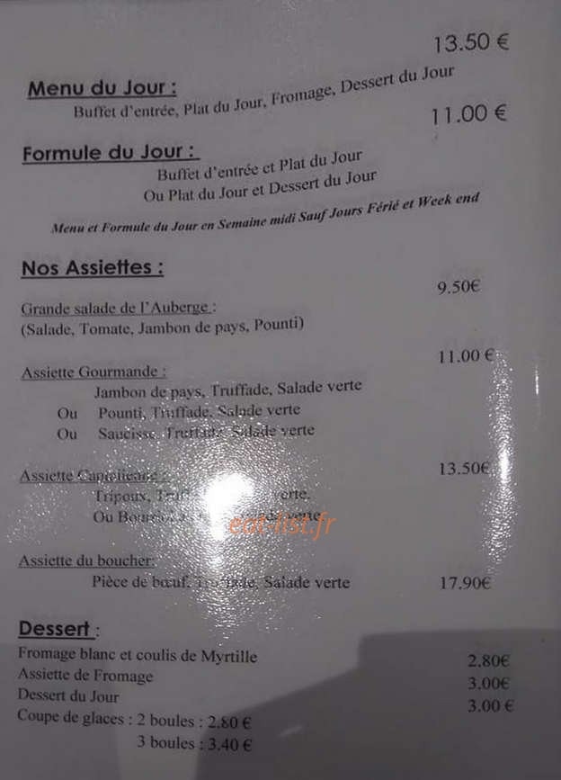 Carte et menu de Auberge Occitane à Saint Mamet la Salvetat — Les formules du jour, assiettes et desserts