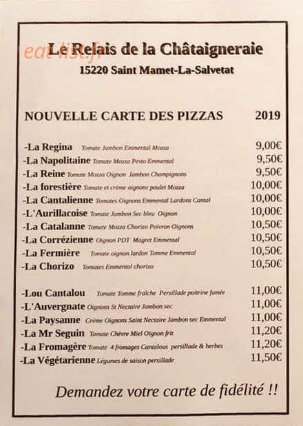 Carte et menu de Le relais de la Châtaigneraie à Saint Mamet la Salvetat — Les pizzas