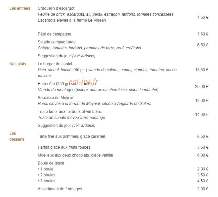 Carte et menu de Au P'tit Festin à Anglards de Salers — les entrées et plats, desserts