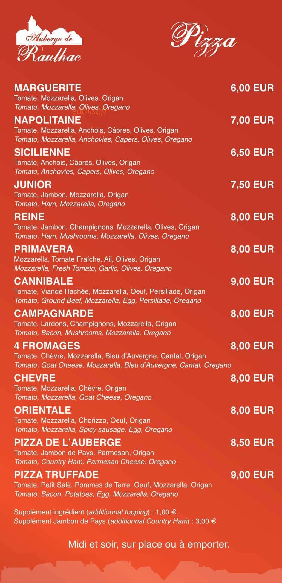 Auberge de Raulhac — carte page 1