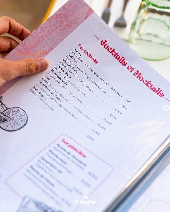 Carte et menu de L'atelier à Angouleme — Cocktails et mocktails