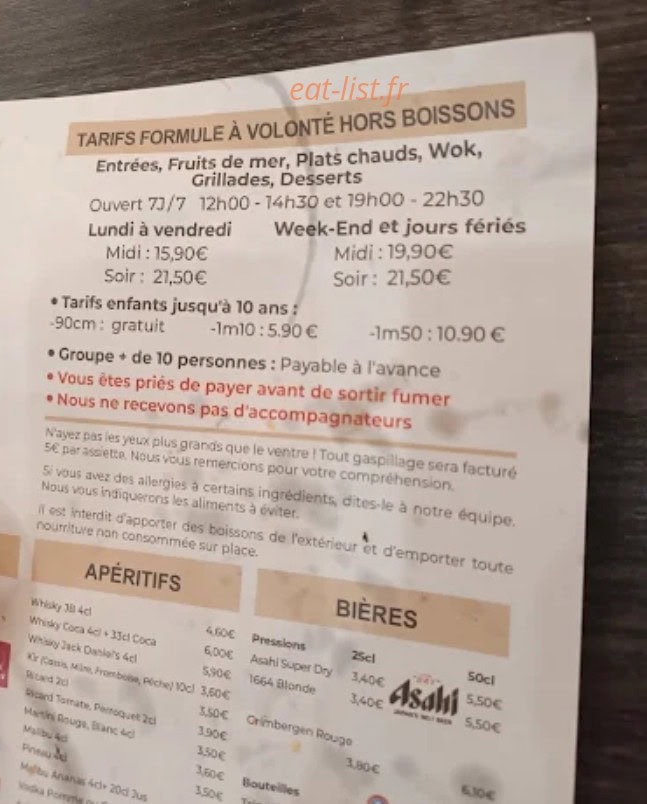 Carte et menu de O'Buffet à Angouleme — Les formules a volonté hors boissons