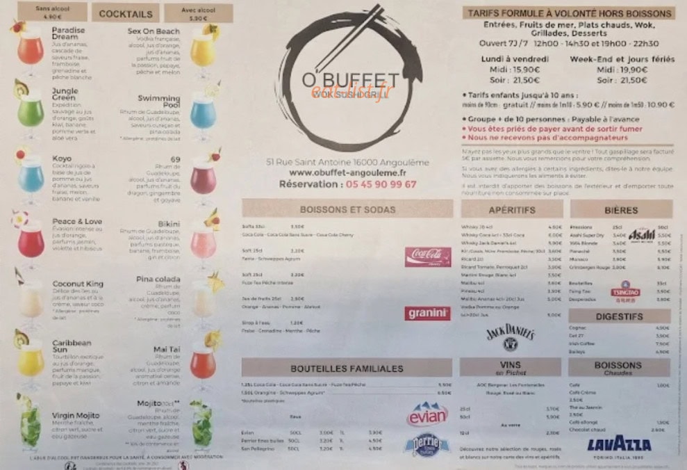 Carte et menu de O'Buffet à Angouleme — Carte des boissons
