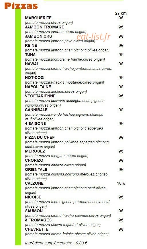 Carte et menu de Pizzeria du Parc de Frégeneuil à Angouleme — Les pizzas