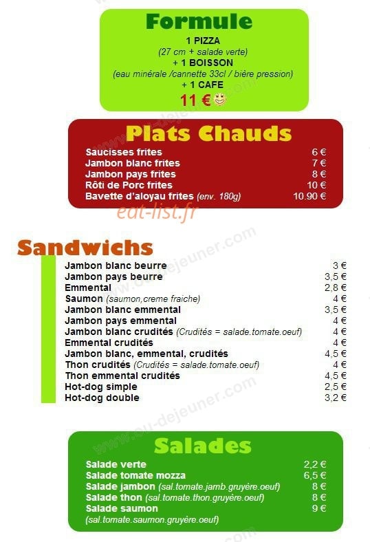 Carte et menu de Pizzeria du Parc de Frégeneuil à Angouleme — Les sandwiches, salades, plats chaud et formules