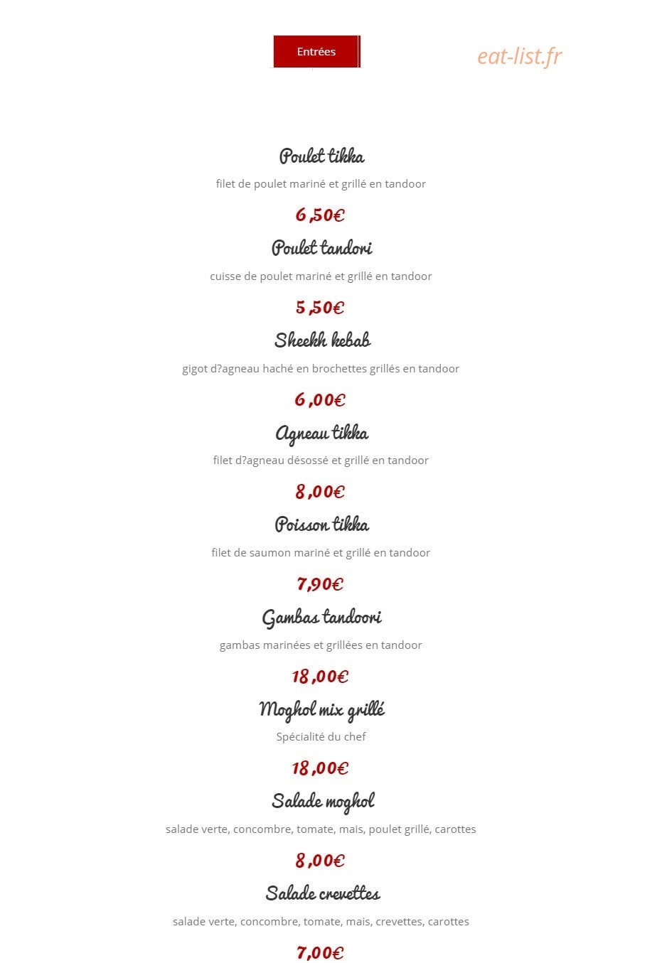 Restaurant moghol — carte page 4