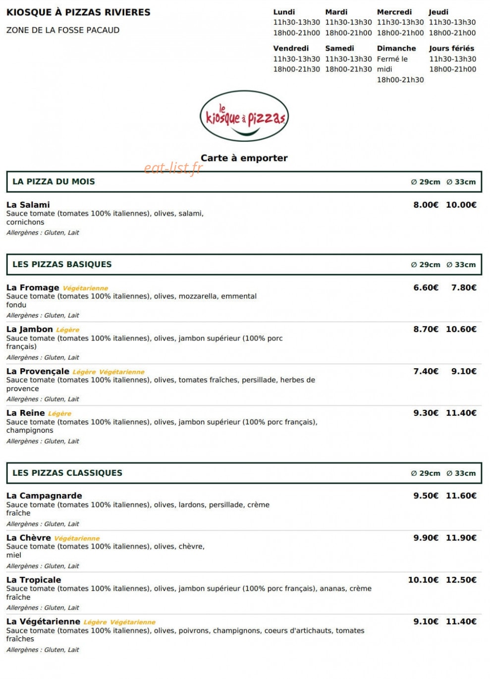 Le Kiosque à Pizzas — carte page 1